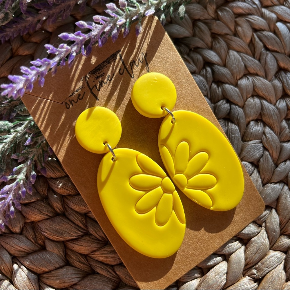 Bright Yellow Clay Flower Oval Earrings - Picture 5 of 7